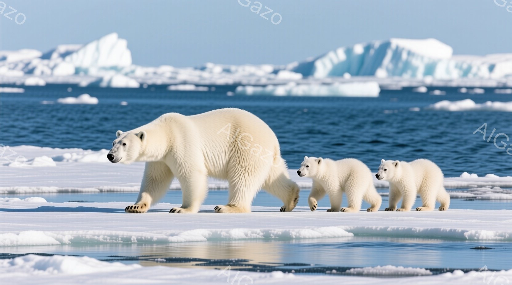 白い北極熊の母とその子2匹が、氷の浮遊物の上を歩いている様子が描かれている。背景には、青い海と氷山が広がり、冷たく厳しい自然環境を連想させる。全体的に、母熊が子を率いて進む姿は、生命力と希望に満ちた温かい雰囲気を醸し出している。