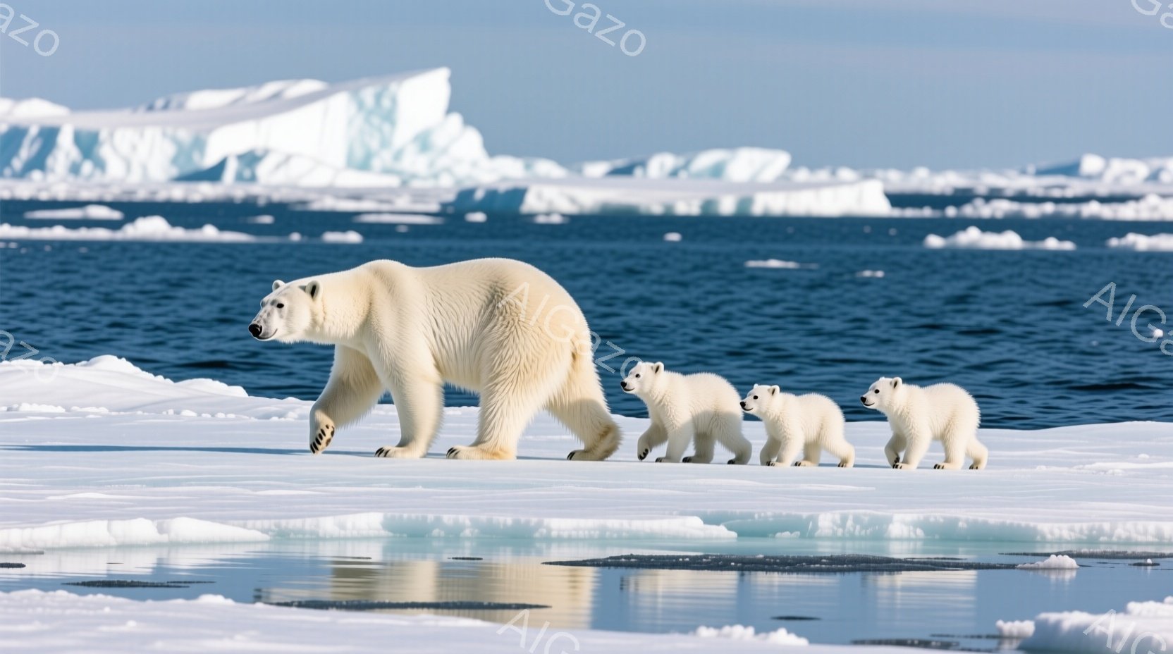 白い氷原を、母グマと３匹の子グマが歩いている。母グマは先頭を歩き、子グマたちはその後ろをよちよちと追いかけている。背景には青い海と氷山が広がり、冷たく静謐な雰囲気を醸し出している。 - AI生成フリー素材