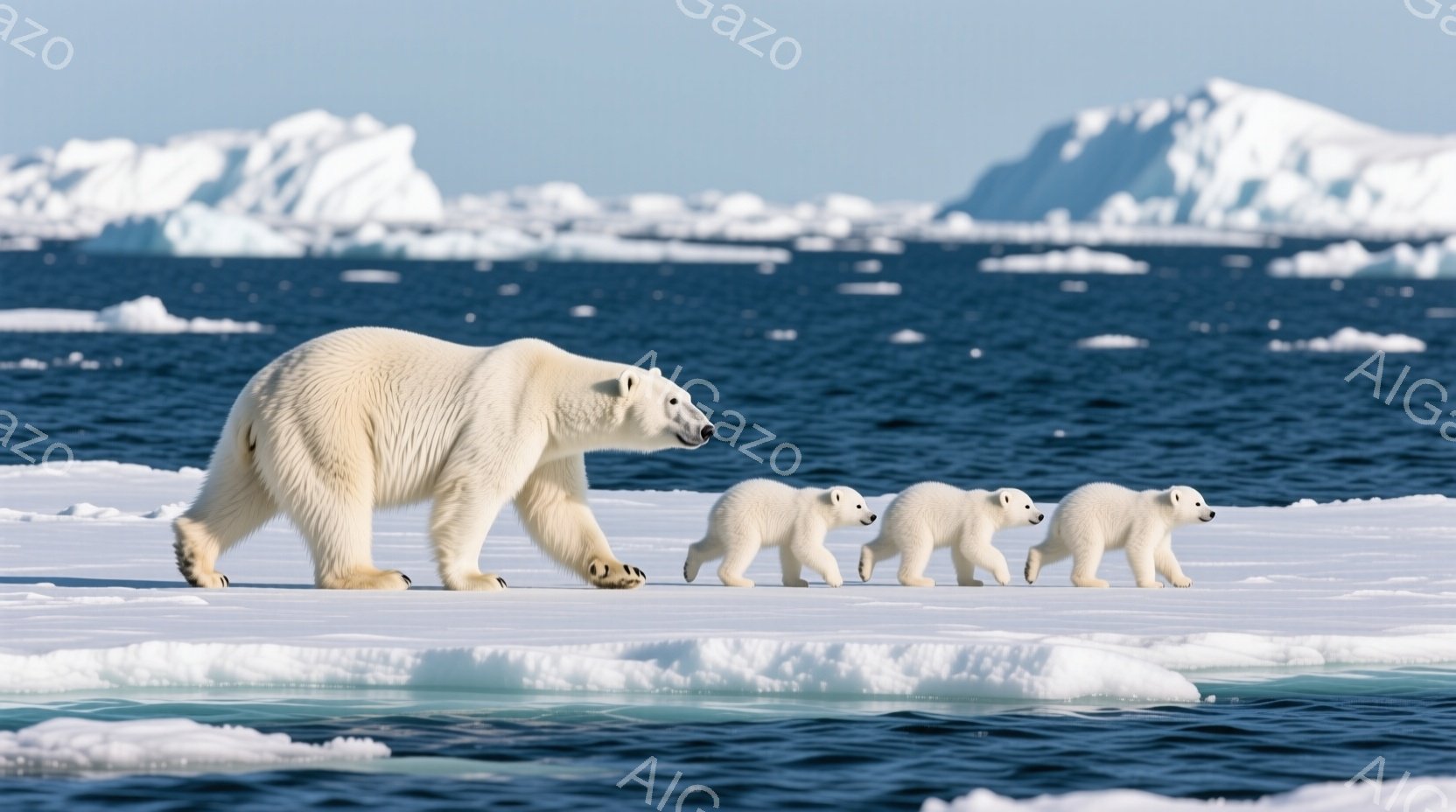 白い氷の上を、一頭のホッキョクグマとその子グマ３頭が歩いている。背景には青い海と、遠くに見える氷山が広がり、冷たく静謐な雰囲気が漂っている。子グマたちは母親の後ろを寄り添うように歩き、家族の温かさが感 - AI生成フリー素材