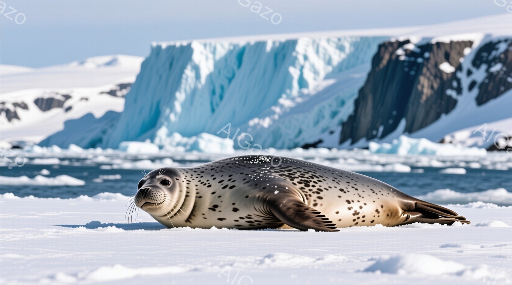 白い雪原の上に、斑点模様のアザラシが横たわっています。アザラシはリラックスした様子で、雪の上に体を伸ばして休んでいます。背景には、青白く輝く氷山がそびえ立ち、静かで冷たい南極の雰囲気を醸し出しています。