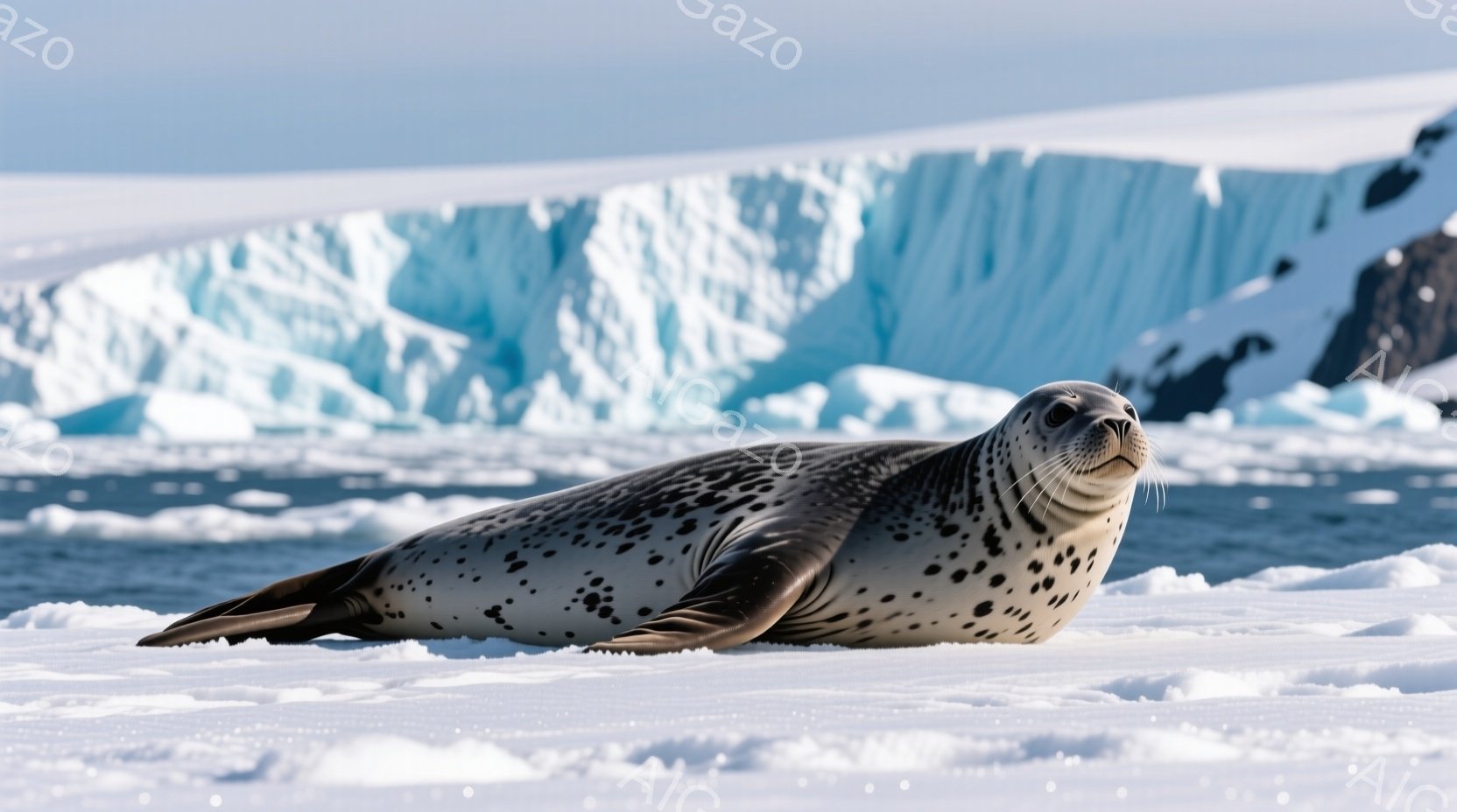 氷の上で、模様のある毛皮を持つアザラシが横たわっています。アザラシはリラックスした様子で、カメラの方をじっと見つめています。背景には、青白い氷河と、水面の氷が広がり、極寒の風景が広がっています。