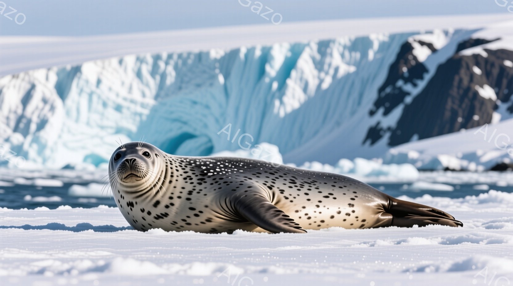 白い雪の上で、模様のあるアザラシが横たわっています。アザラシは暗い灰色の体に白い斑点があり、少し前を向いて穏やかな表情をしています。背景には青白い氷河と暗い岩山がそびえ立ち、冬の極寒の雰囲気を醸し出しています。