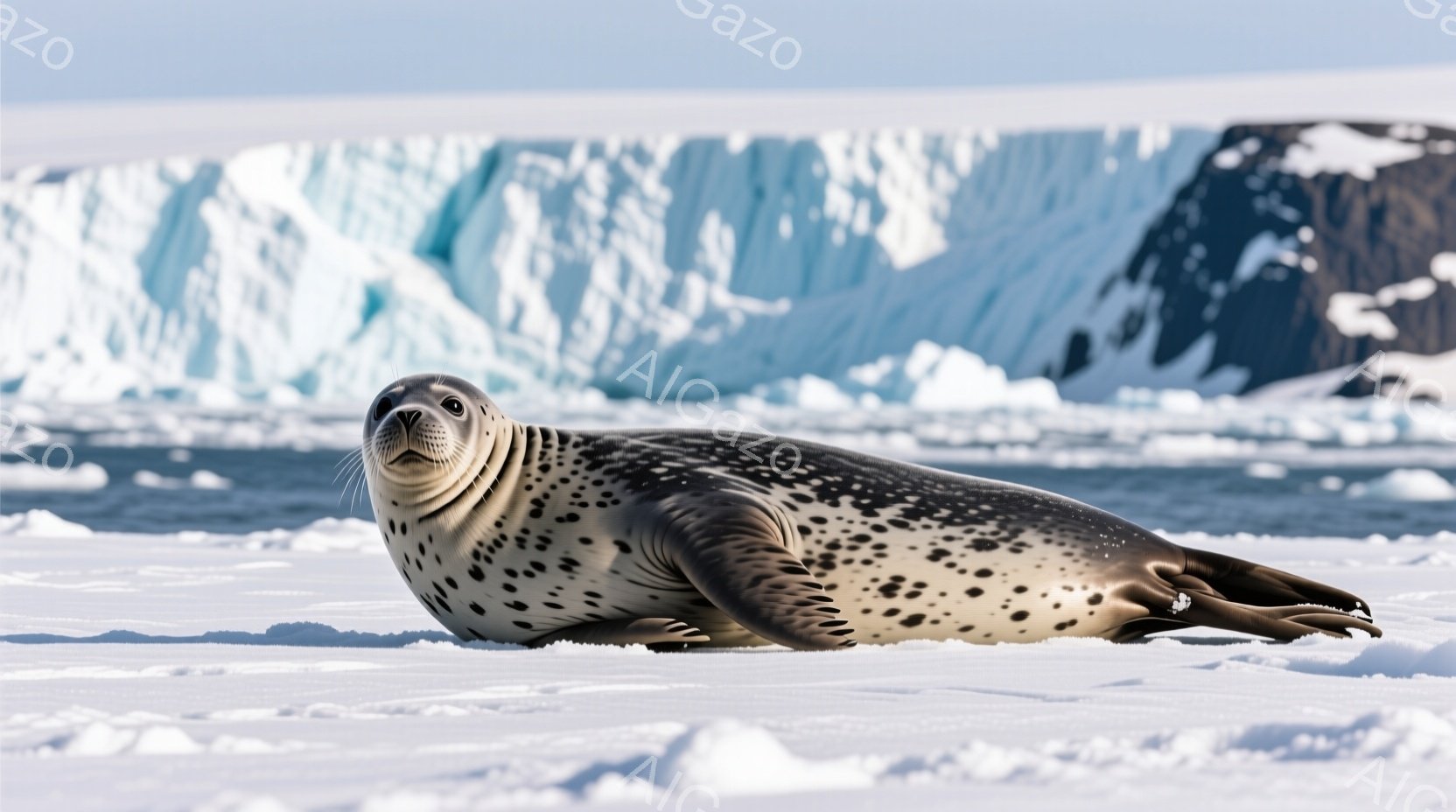 白い雪の上で、模様のあるアザラシが横たわっています。アザラシは暗い灰色の体に白い斑点があり、穏やかな表情でカメラの方を見ています。背景には青白い氷河と雪原が広がり、厳しい冬の自然を感じさせます。