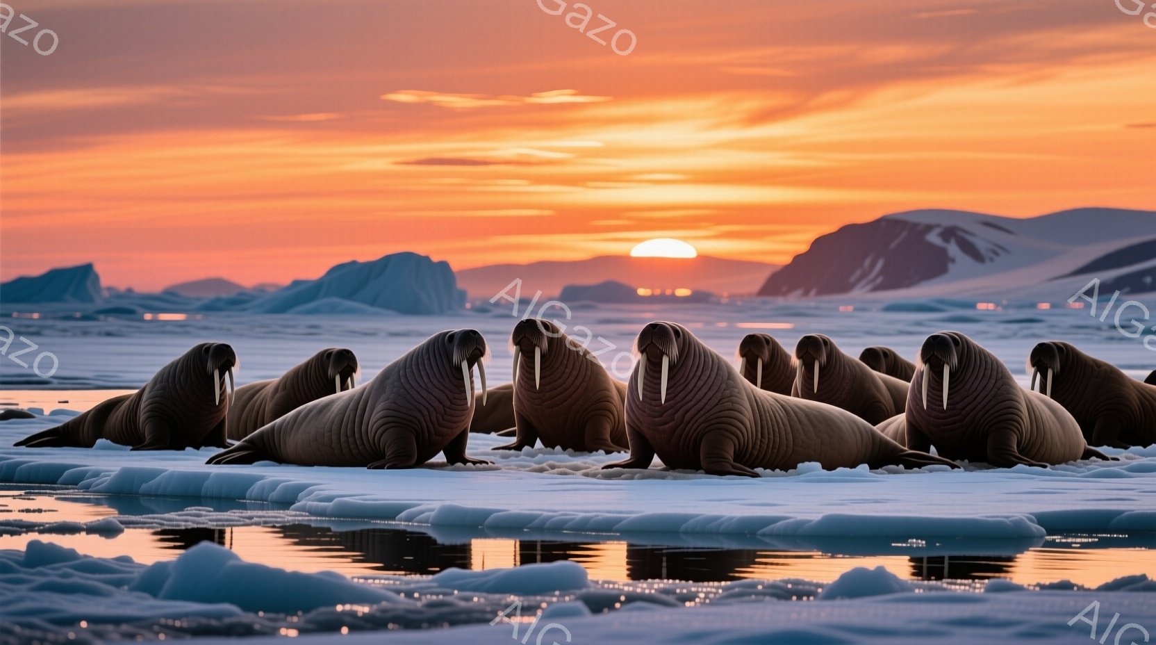氷の上に並んだアザラシの群れが、夕焼けのオレンジ色とピンク色の空の下で休息しています。彼らは皆、同じ方向に顔を向け、穏やかで静かな表情をしています。背景には、遠くの氷山と、水面に反射する夕焼けの色が広 - AI生成フリー素材