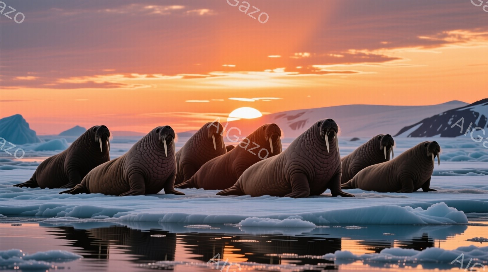 氷の上に並んだアザラシたちが、夕焼けを背景に静かに佇んでいる。彼らは皆、同じ方向に視線を向け、穏やかな表情を浮かべている。背景には、オレンジとピンクのグラデーションが美しい空と、遠くに見える雪山が広がり、平和で幻想的な雰囲気を醸し出している。