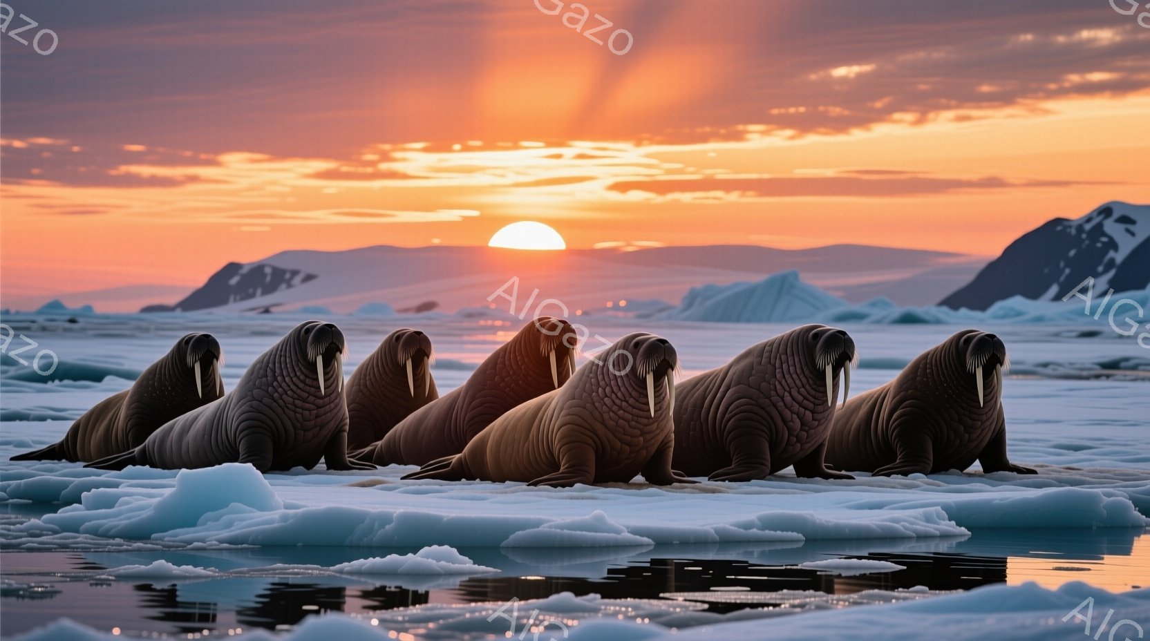 氷の塊の上に、ひげを持つアザラシが横一列に並んでいます。背景には雪をかぶった山々と夕焼けのオレンジ色の空が広がっており、水面にはその景色が映し出されています。全体的に穏やかで静寂な雰囲気が漂い、極地の自然の美しさを際立たせています。