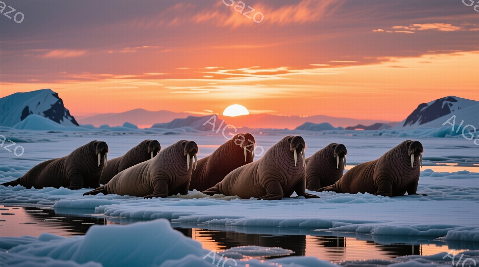 氷の上に横たわるアザラシの群れが写っている。彼らは皆同じ方向に顔を向け、静かに夕焼けを眺めているようだ。背景には、雪をまとった山々と、夕焼けに染まる空が広がり、穏やかで幻想的な雰囲気を醸し出している。 - AI生成フリー素材