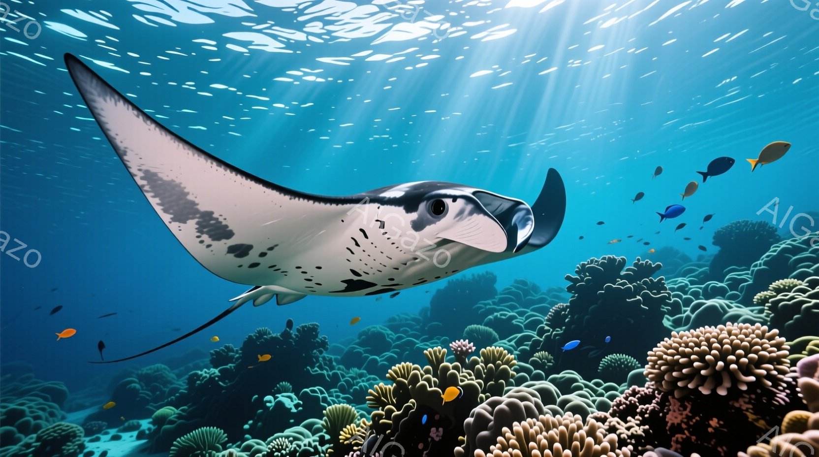 鮮やかな青色の海中を、大きなマンタが優雅に泳いでいる様子が描かれている。背景には、ピンクやオレンジ色のサンゴ礁が広がり、小さな熱帯魚が点在していることで、生命力にあふれた海底の風景が表現されている。光 - AI生成フリー素材