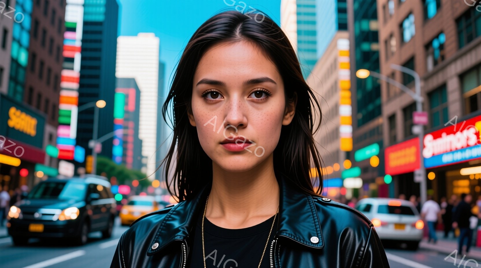 若い女性が、ニューヨークの賑やかな通りの前に立っている。彼女は黒いレザージャケットと黒いTシャツを着て、前髪を少しだけ分け、暗めの口紅を塗っている。背景には高層ビルやタクシーが並び、夜の街の活気を感じ - AI生成フリー素材