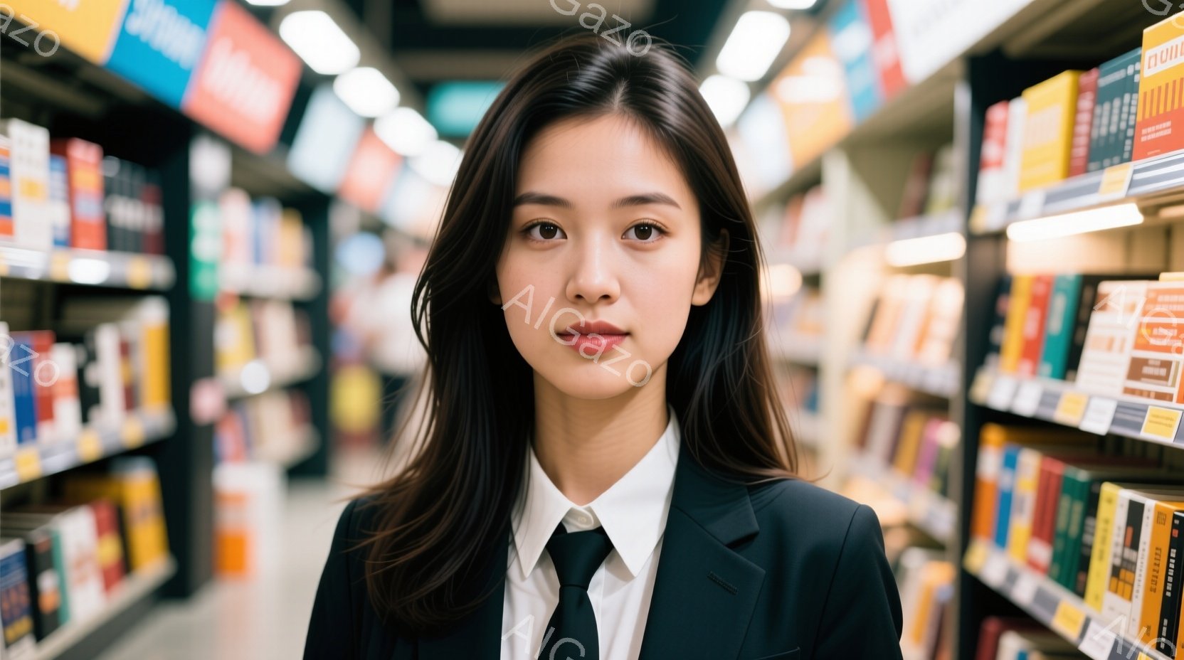 黒いジャケットと白いシャツ、ネクタイを締めた若い女性が写っています。彼女は正面をまっすぐ見ており、表情は穏やかで落ち着いています。背景には、様々な色の本棚が並び、まるで書店か図書館の中にいるようです。 - AI生成フリー素材