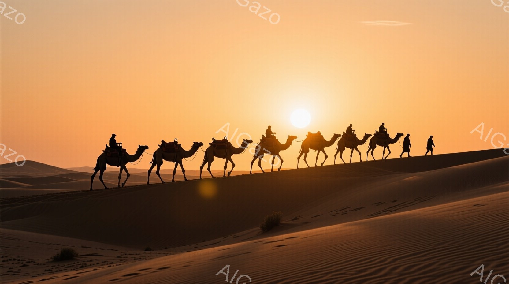 砂漠の砂丘をラクダの隊列がゆっくりと進んでいる。太陽が地平線近くにあり、オレンジ色の暖かい光が砂漠全体を照らし出している。隊列をなす人々はシルエットで描かれており、服装や表情は判別できないが、砂漠を旅 - AI生成フリー素材