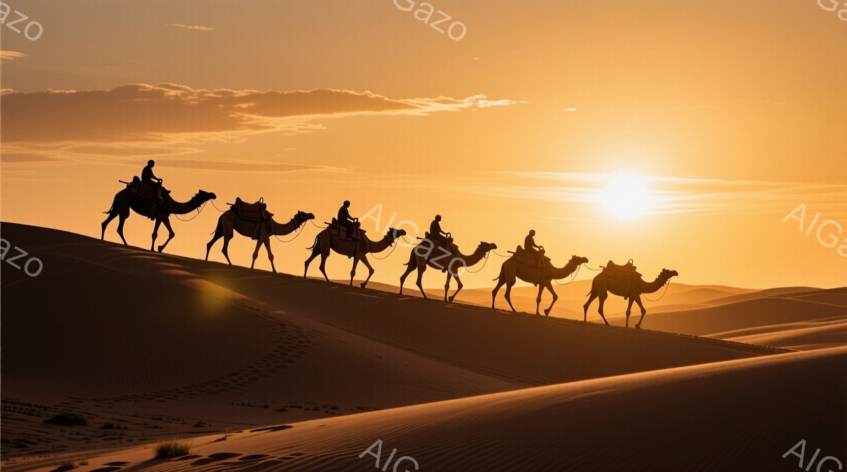 画像には砂漠の中に立つフェネックギツネが写っている。明るい黄褐色の毛並みで、大きな耳が特徴的だ。背景は夕暮れ時の暗い砂丘で、星空が広がっており、静かで神秘的な雰囲気を醸し出している。 - AI生成フリー素材