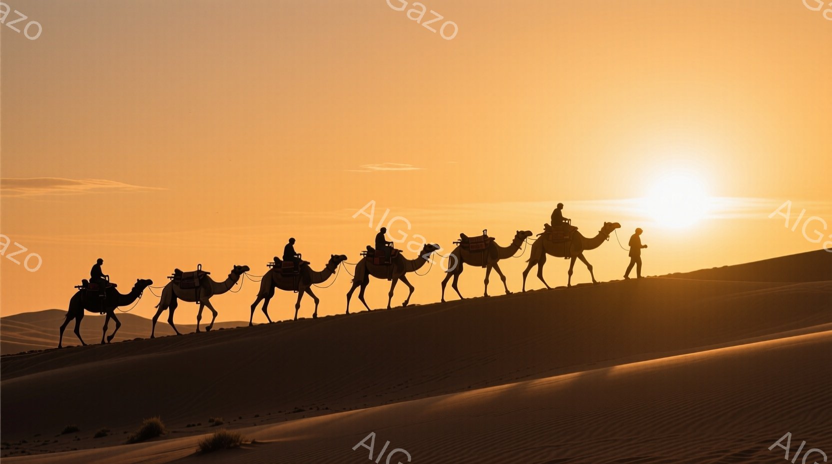 砂漠の砂丘をラクダに乗った人々が連なって進んでいる様子が捉えられています。人物はシルエットになっており、服装や表情は判別できませんが、ラクダと共に砂丘を登る姿は旅の様子を連想させます。背景は夕焼けのよ - AI生成フリー素材