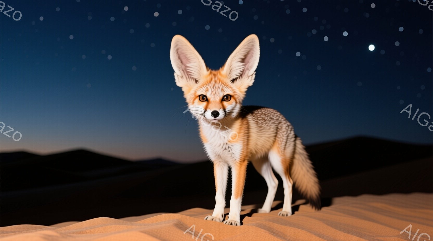広大な砂漠の中に、フェネックキツネが立っている。その毛並みは砂の色に似た明るいオレンジ色で、大きな耳が特徴的だ。背景は暗い青色の空と砂丘が広がり、夜の静寂さと砂漠の荒涼とした雰囲気を醸し出している。 - AI生成フリー素材