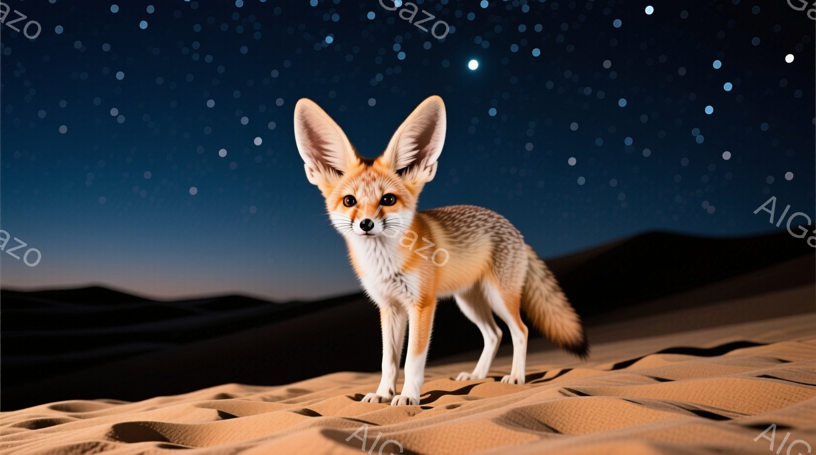 広大な砂漠の中に、フェネックギツネが立っている。明るいオレンジ色の毛並みで、大きな耳が特徴的だ。背景は砂丘が連なり、夜空には星が散りばめられ、静かで神秘的な雰囲気を醸し出している。