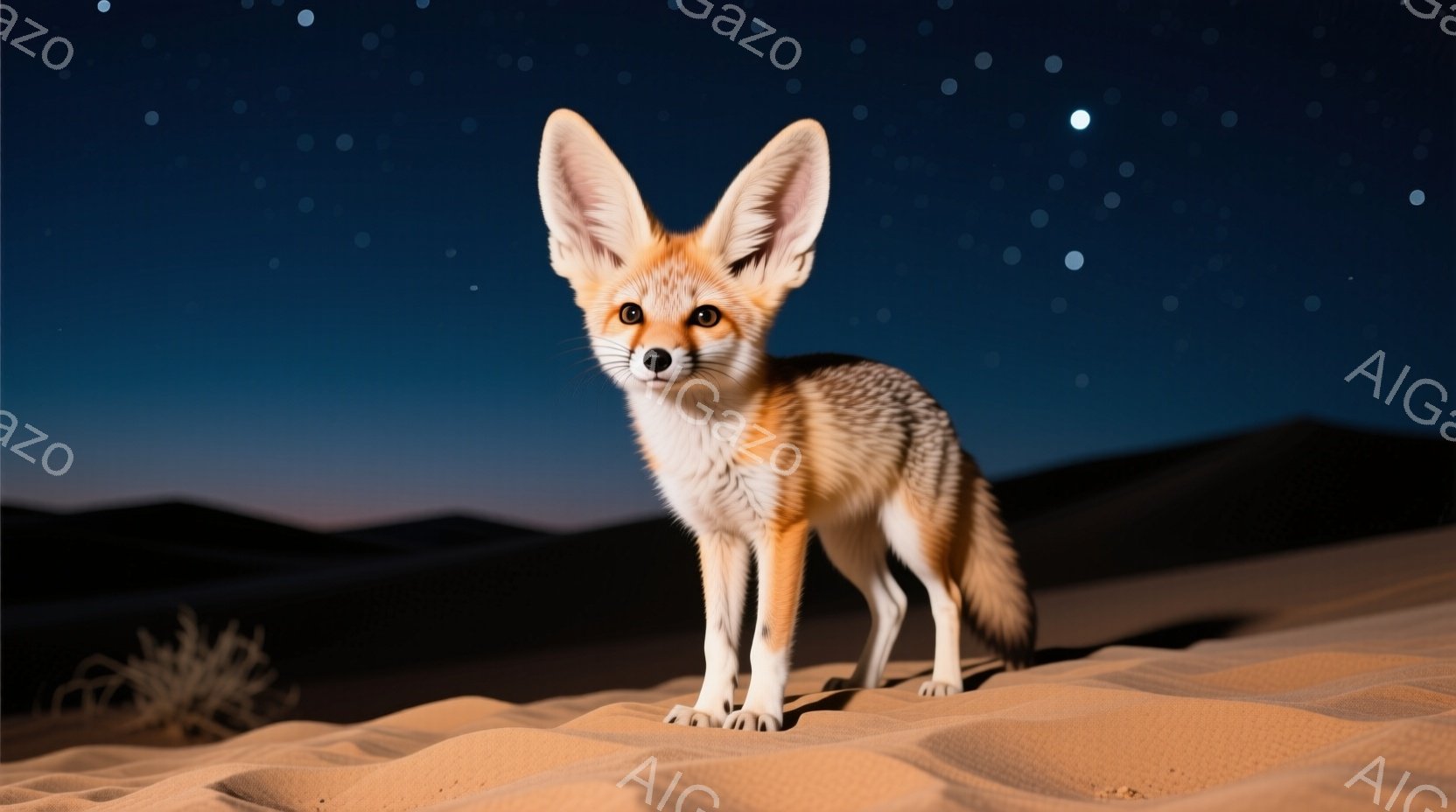 サンドフォックスが砂漠の砂丘に立っている姿が捉えられています。大きな耳は特徴的で、警戒心と好奇心が入り混じった表情をしています。背景には暗い山並みが広がり、夜空には星が散りばめられており、静寂で神秘的 - AI生成フリー素材