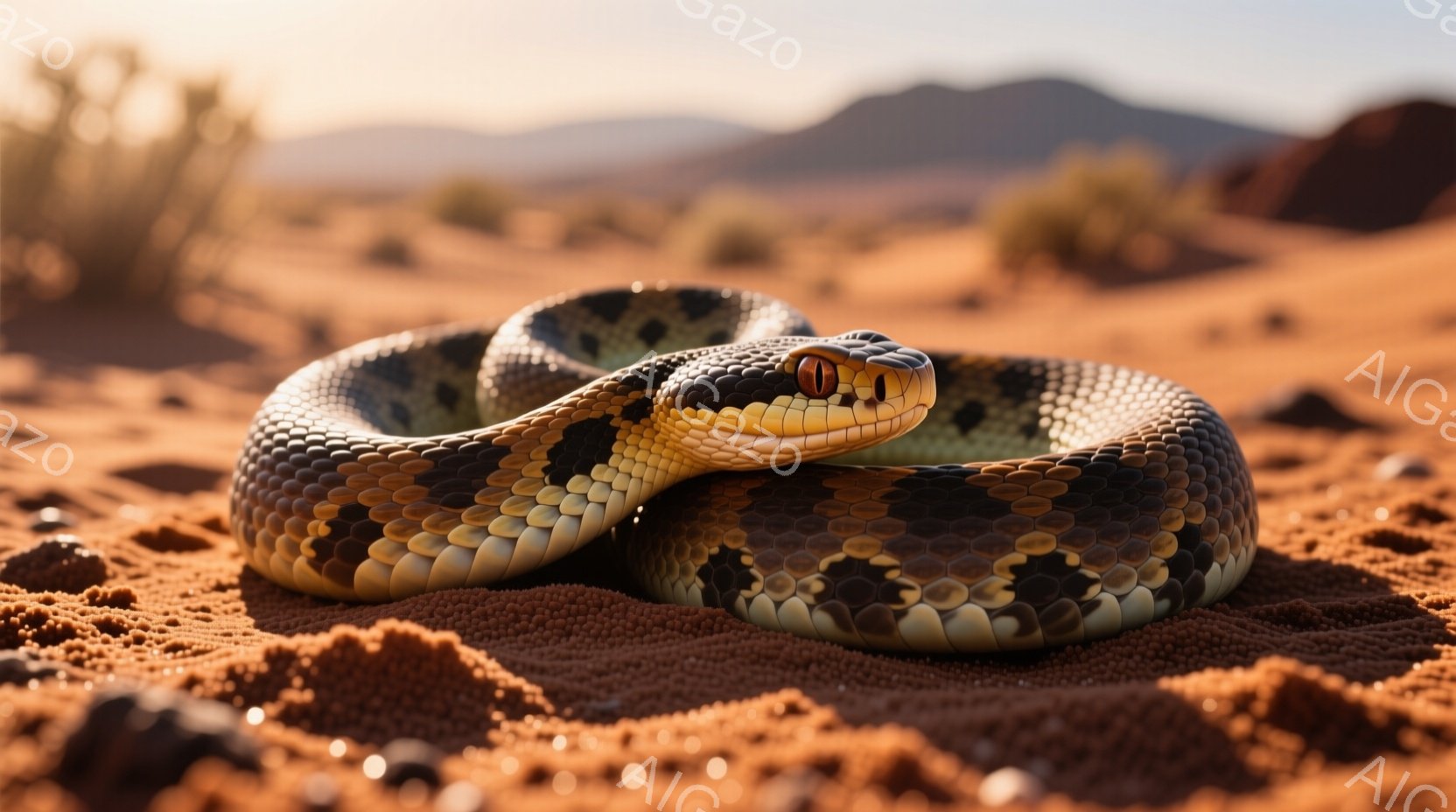 赤茶色の砂地に、模様のある蛇が丸まって休んでいる様子が写っている。蛇は黒と茶色のコントラストが強い模様を持ち、赤い目と鋭い視線でこちらを見ている。背景には、ぼやけた岩山と乾燥した低木が見られ、夕暮れのような暖かく乾燥した雰囲気が漂っている。
