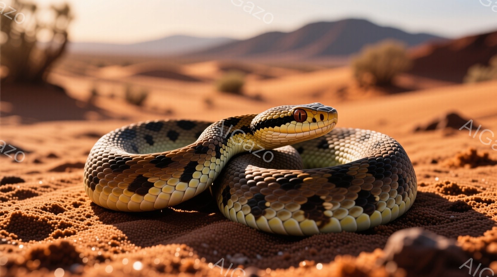 赤褐色の砂地に、模様の入った蛇が体を丸めて休んでいる。蛇は茶色と黒の鮮やかな縞模様を持ち、鋭い目つきでこちらを見ているように見える。背景には、ぼやけた岩肌と乾燥した灌木が見られ、乾燥した荒涼とした風景が広がっている。