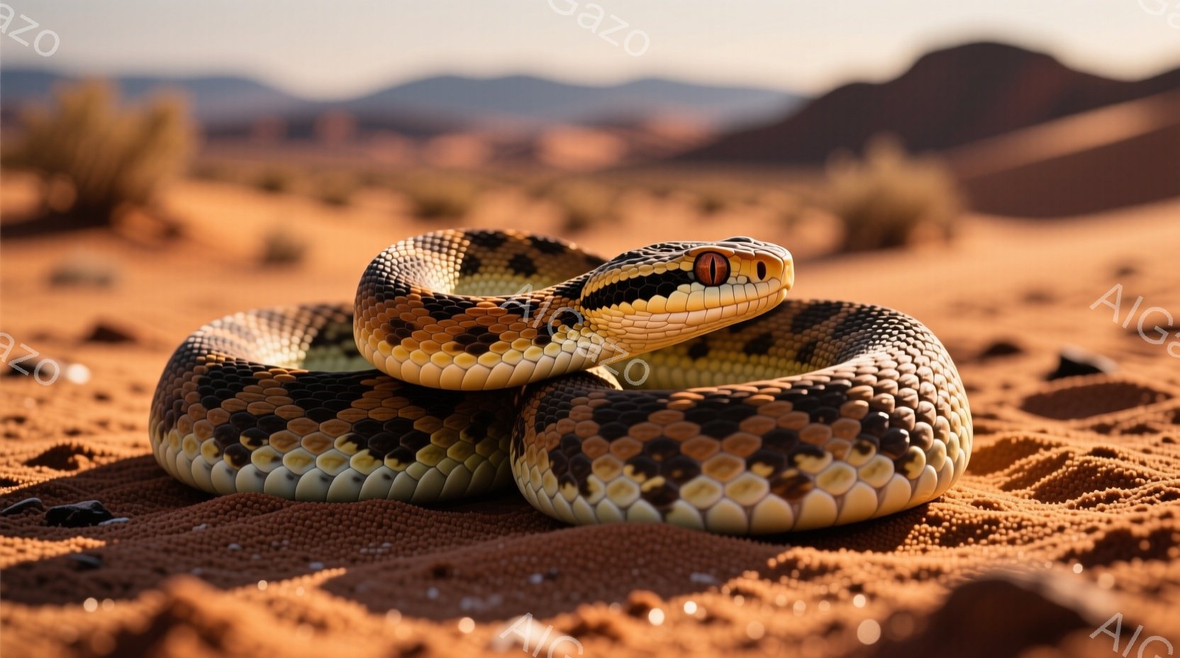 砂漠の砂の上に、模様の鮮やかな蛇が丸まってとぐろを巻いている。蛇の体は黒、茶色、そしてクリーム色のまだら模様で覆われ、その目は鮮やかなオレンジ色をしている。遠景には、乾燥した植物と日没時の夕焼けに照らされた岩山が広がり、砂漠の過酷で静寂な雰囲気を醸し出している。