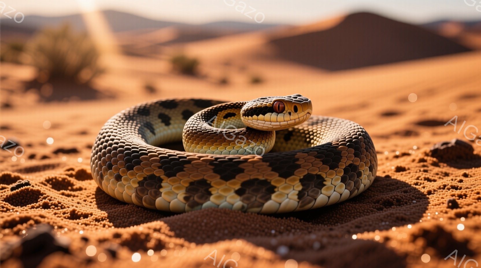 砂漠の砂の上に、縞模様の蛇がコイル状に丸まっています。蛇は頭を上げ、鋭い視線でカメラの方を見ており、警戒している様子が伺えます。背景には砂丘が広がり、夕焼けのような暖かな光が全体を照らし、乾燥した雰囲気の中に生命の力強さを感じさせます。