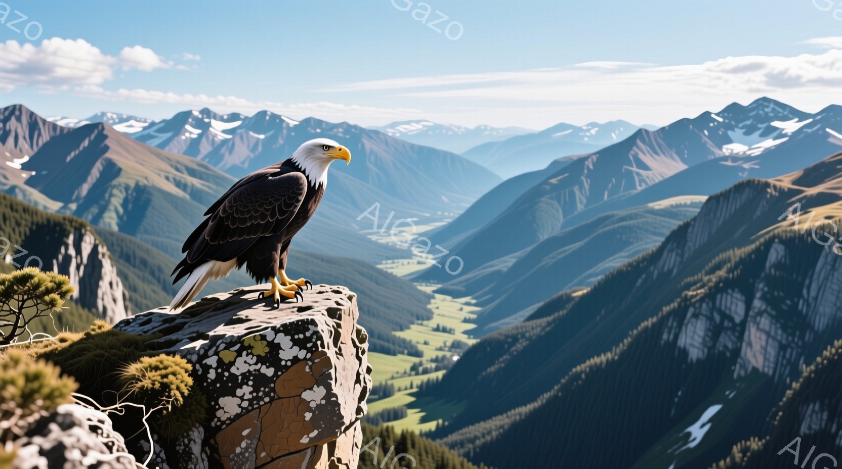 険しい岩場の上に堂々と立つ白頭鷲が印象的だ。背景には緑豊かな渓谷と、遠くに見える雪を抱いた山々が広がり、晴天の下、力強く自然を感じさせる風景を作り出している。鷲の鋭い眼差しと、堂々とした姿勢が、大自然の支配者としての威厳を漂わせている。