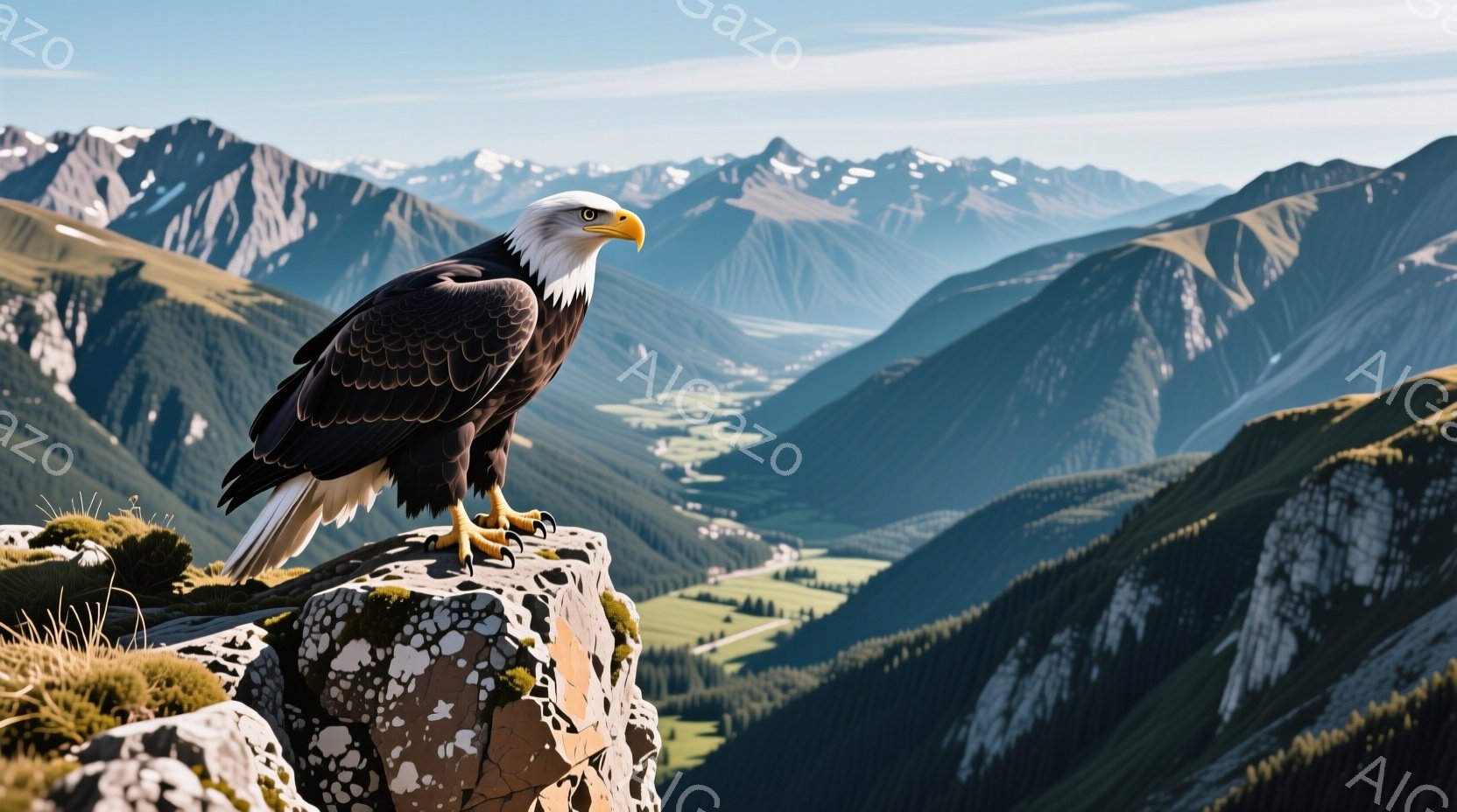 岩の上に堂々と立つアメリカワシが描かれています。背景には、緑豊かな谷と雪を抱いた山々が広がり、晴天の下、雄大な自然が広がっています。ワシの鋭い眼差しと力強い姿勢が、大自然の支配者としての威厳を際立たせています。