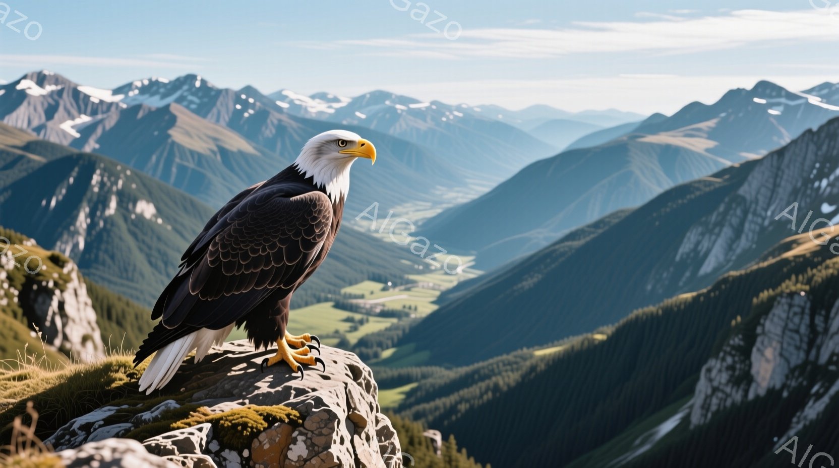 白頭鷲が岩の上に堂々と立っており、鋭い眼差しは遠くの景色を見つめている。背景には緑豊かな谷と雪を抱いた山々が広がり、晴天の下、雄大な自然が広がっている。 全体的に力強く、威厳に満ちた雰囲気が漂う。