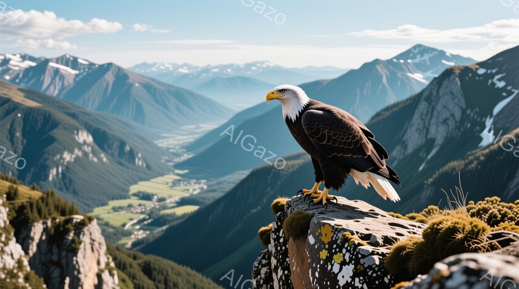 岩の崖の上に、堂々とした姿でハクトウワシが立っている。背景には緑豊かな谷と雪を抱いた山々が広がり、晴天の下、自然の雄大さを際立たせている。崖の縁には緑色の苔が生え、ワシの凛々しさと自然の調和が感じられる。