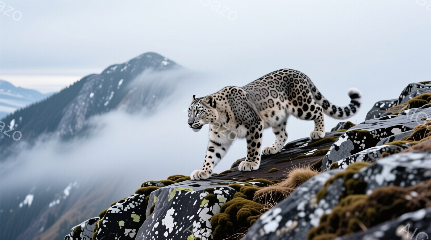 岩場に雪豹が歩いている様子が写されている。背景には霧に包まれた山々が広がり、暗い岩肌には緑色の苔が点在している。雪豹の毛並みは鮮明で、その優雅な姿勢と周囲の荒涼とした風景が、力強さと神秘的な雰囲気を醸 - AI生成フリー素材