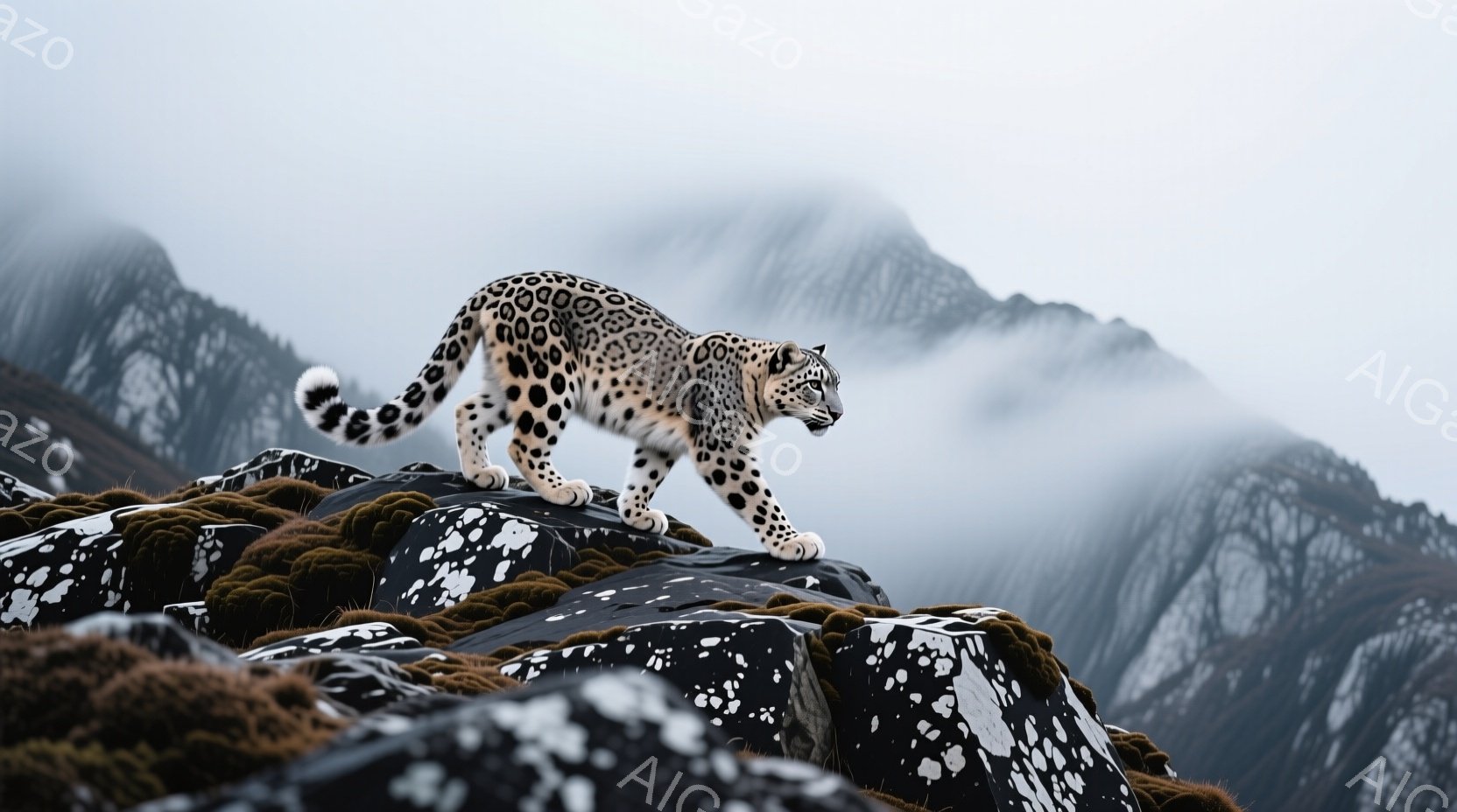 雪豹が岩場の頂上に堂々と立っている。背景には霧に包まれた山々が連なり、岩場は緑色の苔で覆われている。全体的に、厳しい自然環境の中で生きる雪豹の力強さと神秘的な雰囲気が伝わってくる。