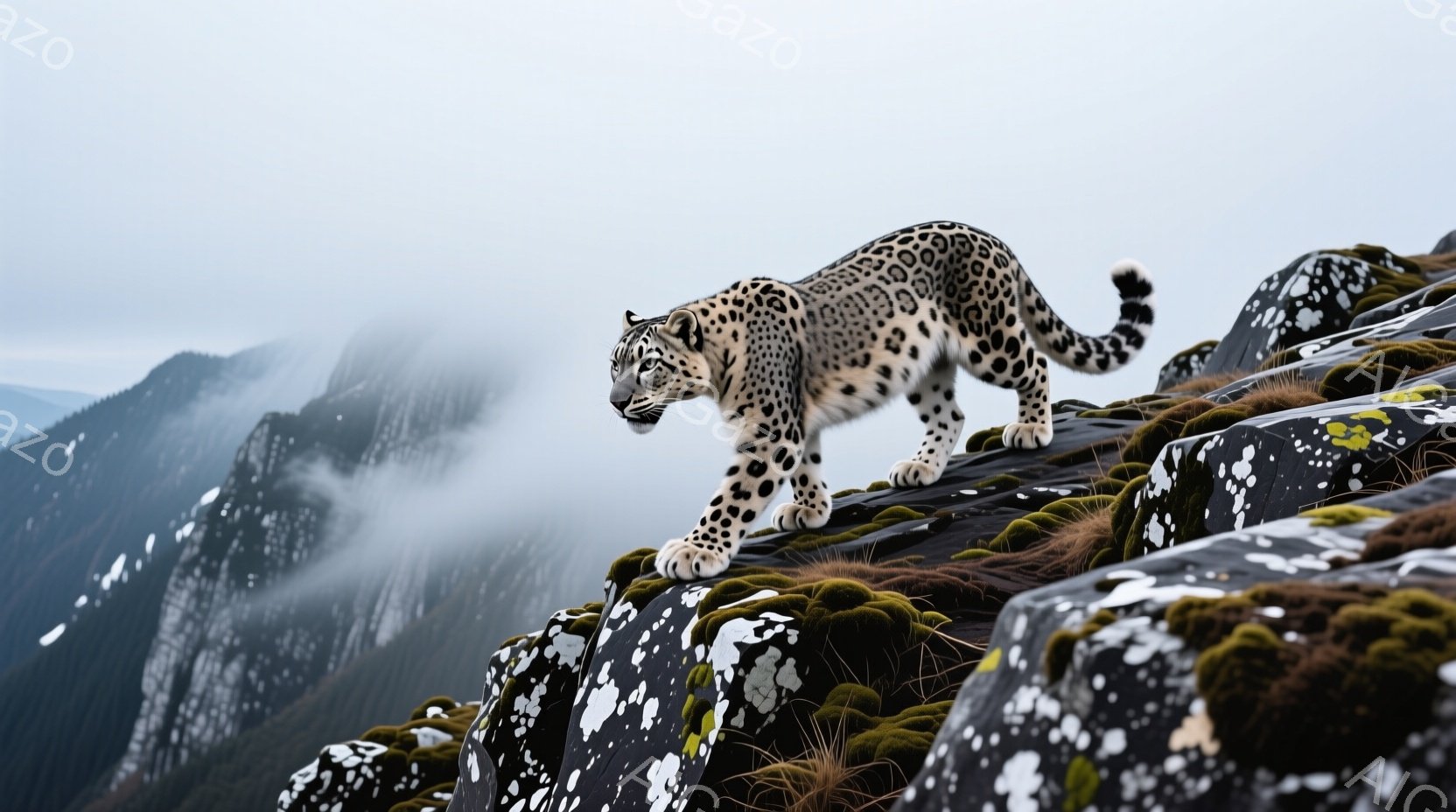 岩肌の上に雪豹が堂々と佇んでいる。背景には霧に包まれた雪山が連なり、岩の緑色の苔が鮮やかなコントラストを生み出している。全体的に力強く、神秘的な雰囲気が漂う。