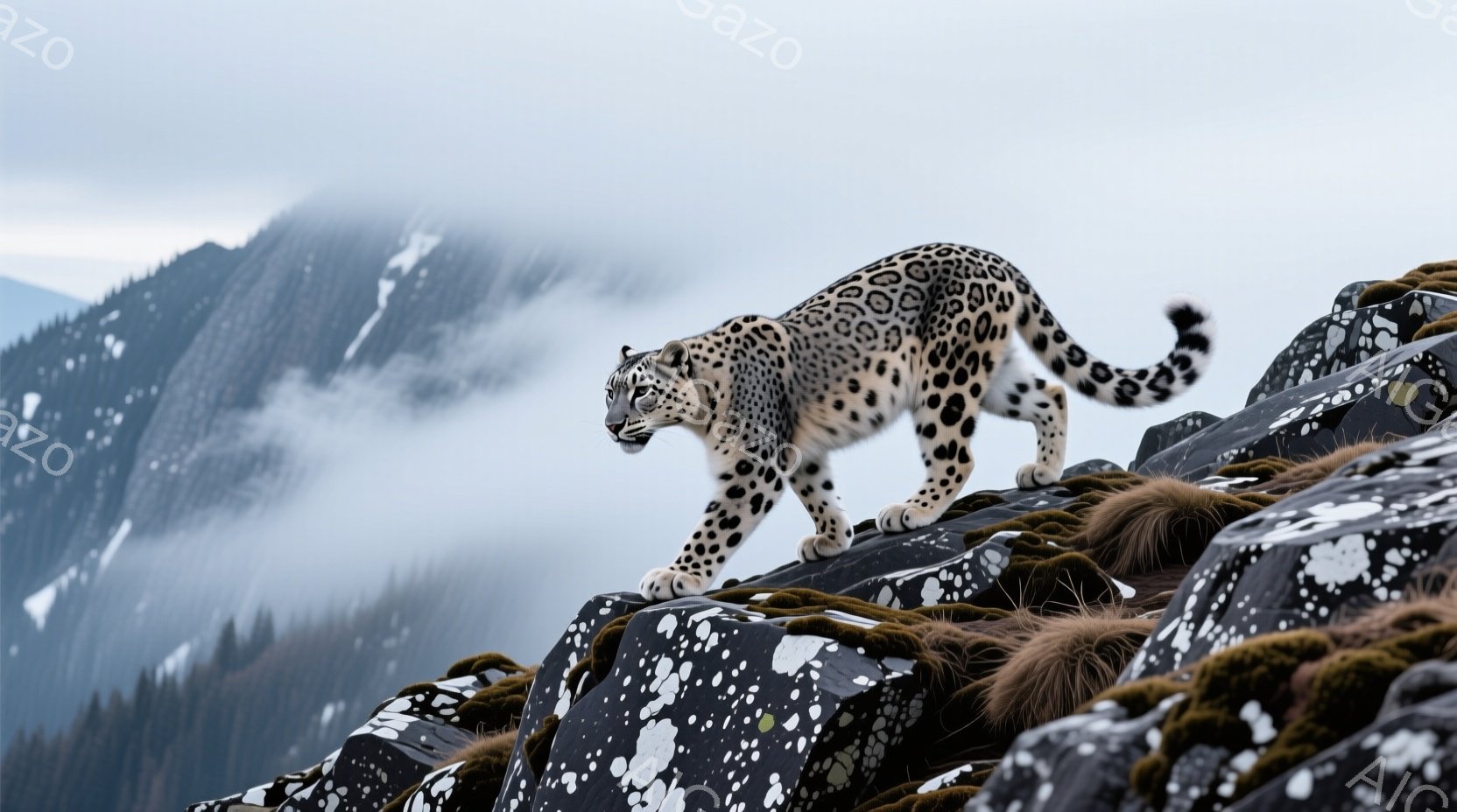 岩場の上に雪豹が優雅に佇んでいる。背景には雪を抱いた山々と霧が広がり、厳しい自然環境を彷彿とさせる。雪豹の毛並みは白と黒のコントラストが鮮やかで、その凛々しい姿は力強さと美しさを兼ね備えている。 - AI生成フリー素材