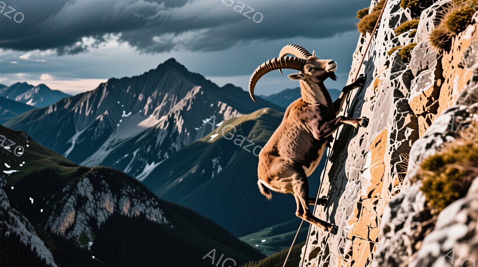 岩肌をよじ登るアイベックスが写っている。その姿は大胆不敵で、急峻な崖をものともせず、力強く前進している。背景には雪を抱いた山々が連なり、暗い雲空が険しい雰囲気を際立たせている。