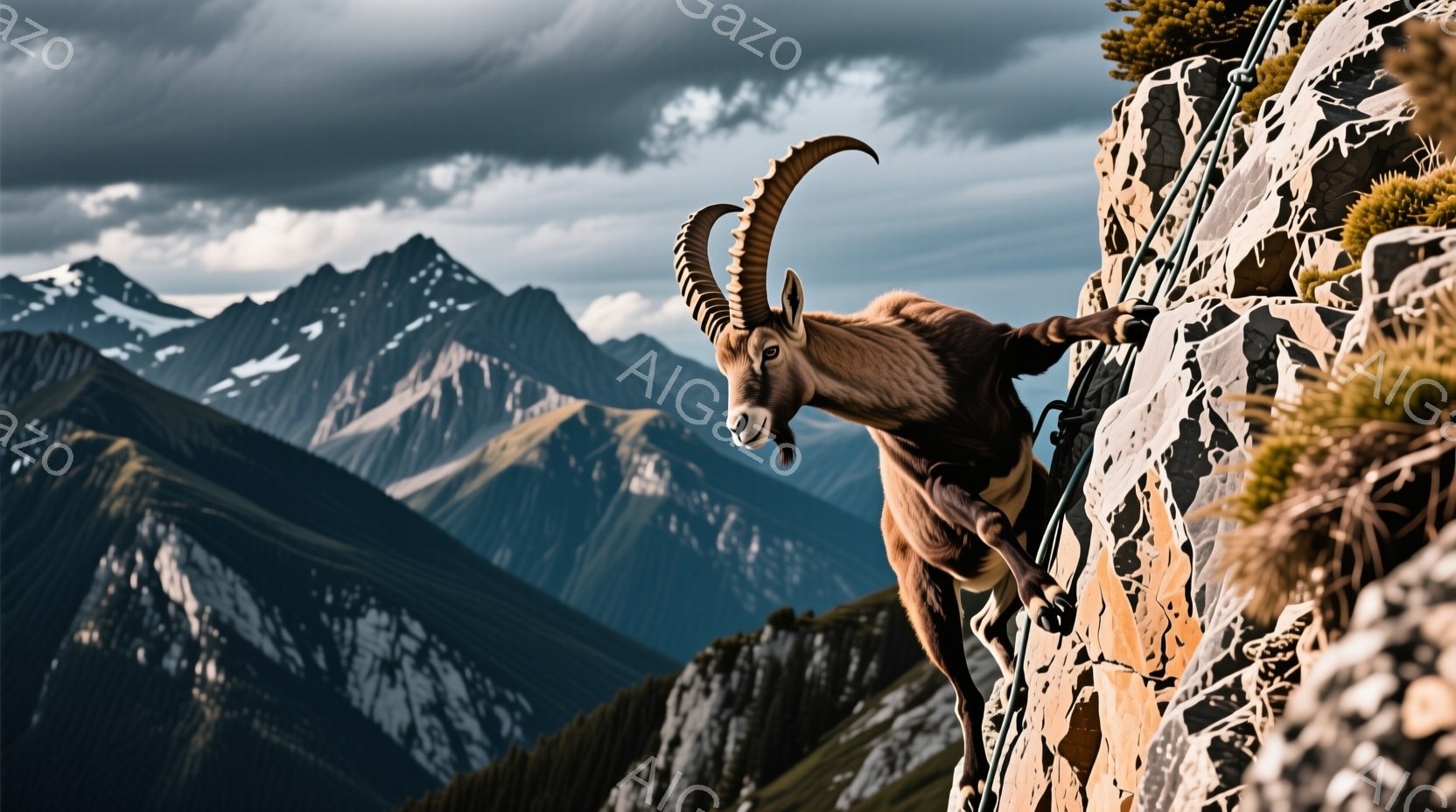 イベックスが険しい岩肌を巧みに登っている様子が捉えられています。背景には雪を抱いた山々が連なり、重厚な雲が空を覆っています。 全体的に力強く、自然の厳しさと動物の生命力を感じさせる光景です。