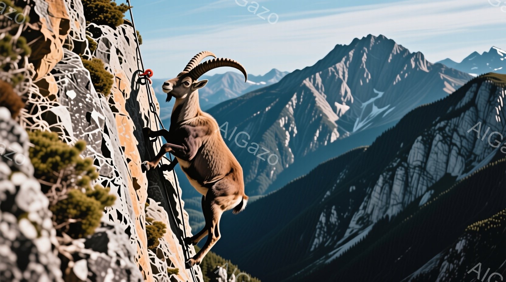 険しい岩壁に、角を持つ茶色の山羊が驚くほど巧みに立っている様子が捉えられています。山羊は片足を高く上げ、まるで岩壁をよじ登るかのような姿勢で、その背景には雪を抱いた山々の壮大な景色が広がっています。青空の下、自然の力強さと山羊の機敏さが強調された、ダイナミックで印象的な瞬間です。