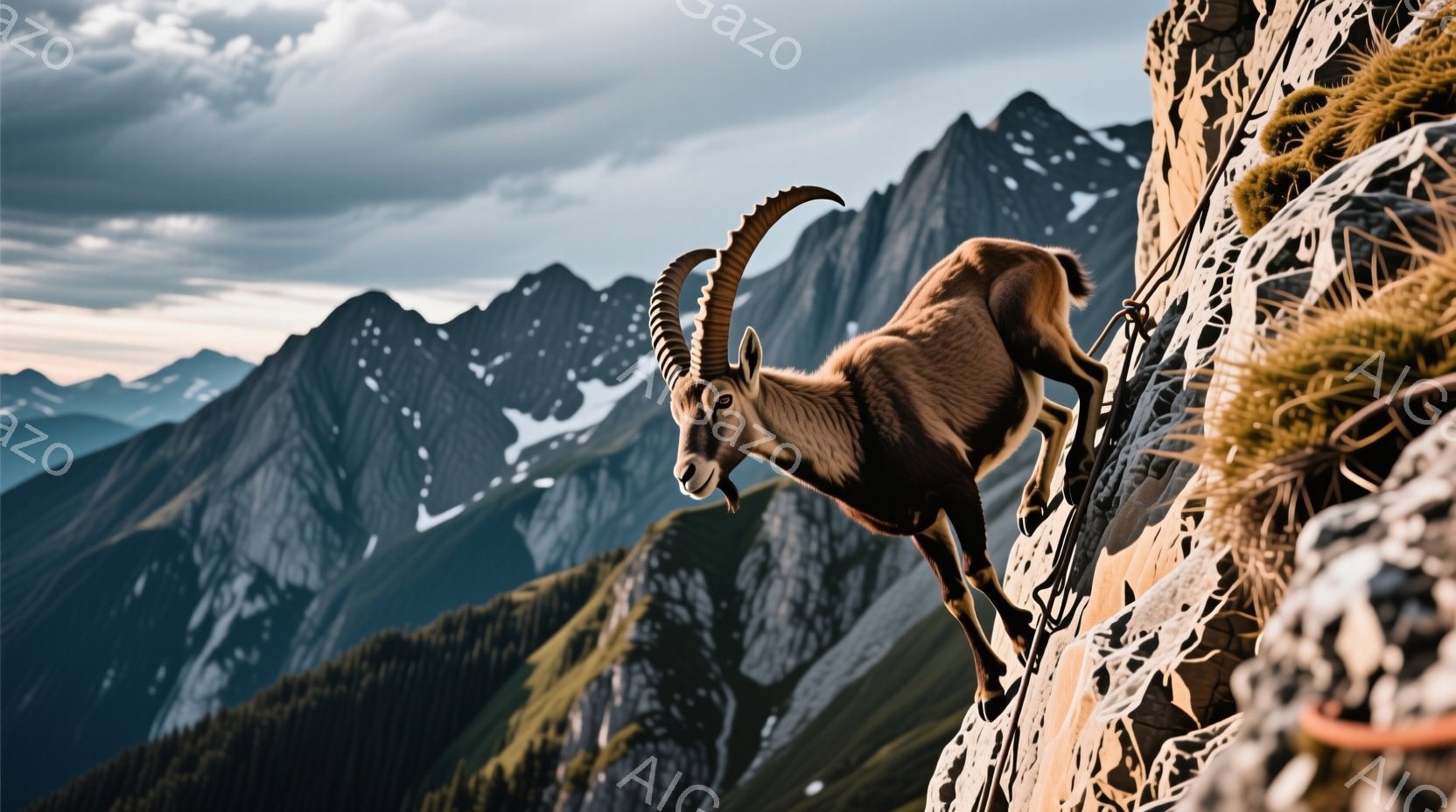 険しい岩肌を、角を持つ茶色の野生ヤギが懸命に登っている様子が捉えられている。背景には、雲に覆われた険しい山々が連なり、荒涼とした自然の壮大さを強調している。全体的に、力強く、野生的な雰囲気で、自然の中で生き抜く動物の生命力を感じさせる。