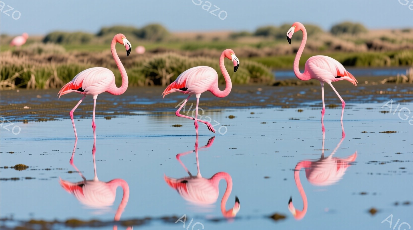 明るい青空の下、３羽のフラミンゴが水面に映り込みながら佇んでいます。ピンク色の羽毛は鮮やかで、細長い脚は水中で優雅に伸びています。背景には、水草が生い茂る浅瀬が広がり、穏やかで平和な雰囲気を醸し出して - AI生成フリー素材
