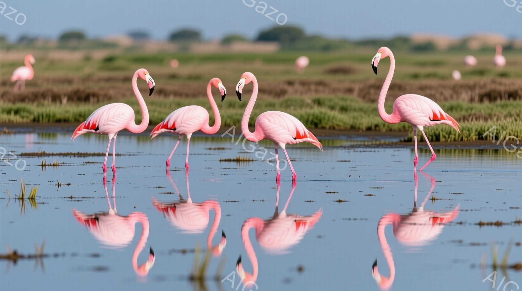 ピンク色のフラミンゴが浅い水の中に立ち、その姿を水面に映し出している。背景には緑色の草が生い茂る平原が広がり、遠くにはぼんやりとした地平線が見える。穏やかな水面と空の色は、静かで平和な雰囲気を醸し出し - AI生成フリー素材