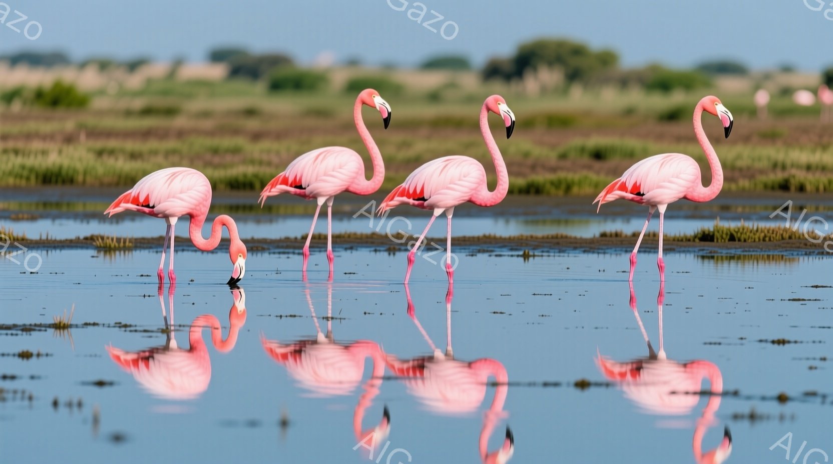 ピンク色のフラミンゴが、水面に映る姿を鏡のように映し出しています。彼らは片足で立ち、首を長く伸ばして周囲を警戒しているようです。背景には緑色の植生が広がり、穏やかな水面が広がる静かな自然の風景が広がっています。