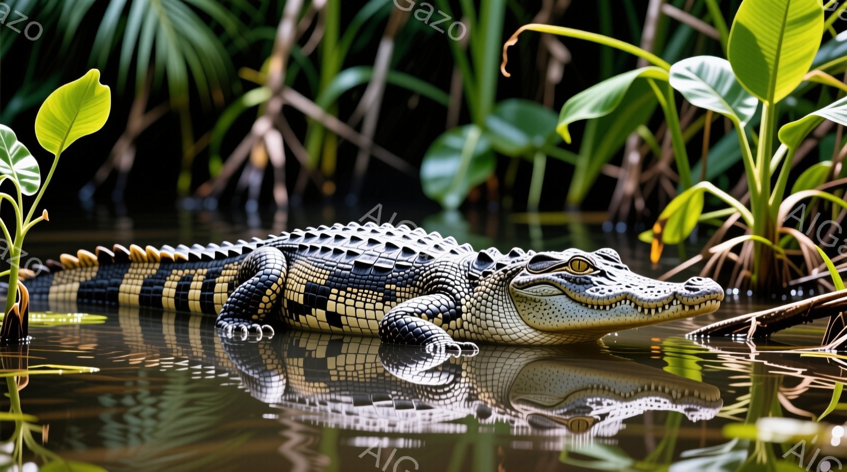 泥水の中にワニが横たわっており、その体は濃い緑と黒の縞模様で覆われています。ワニは水面に顔を出し、鋭い目つきで正面を見据えています。背景には緑豊かな植物が茂り、水面にワニの影が映り込み、静かで神秘的な雰囲気を醸し出しています。