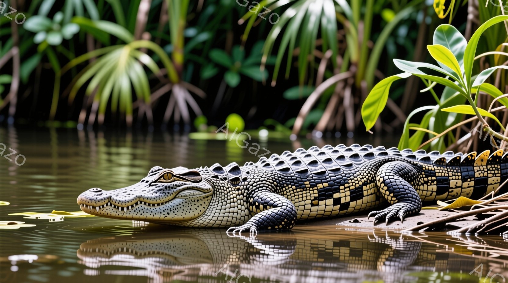 ワニが水面に浮かび、リラックスした姿勢で日光浴をしている様子が捉えられています。その体は暗い灰色の鱗で覆われ、水面に反射して美しい光沢を放っています。背景には緑豊かな植物が生い茂り、穏やかで自然な雰囲気が漂っています。