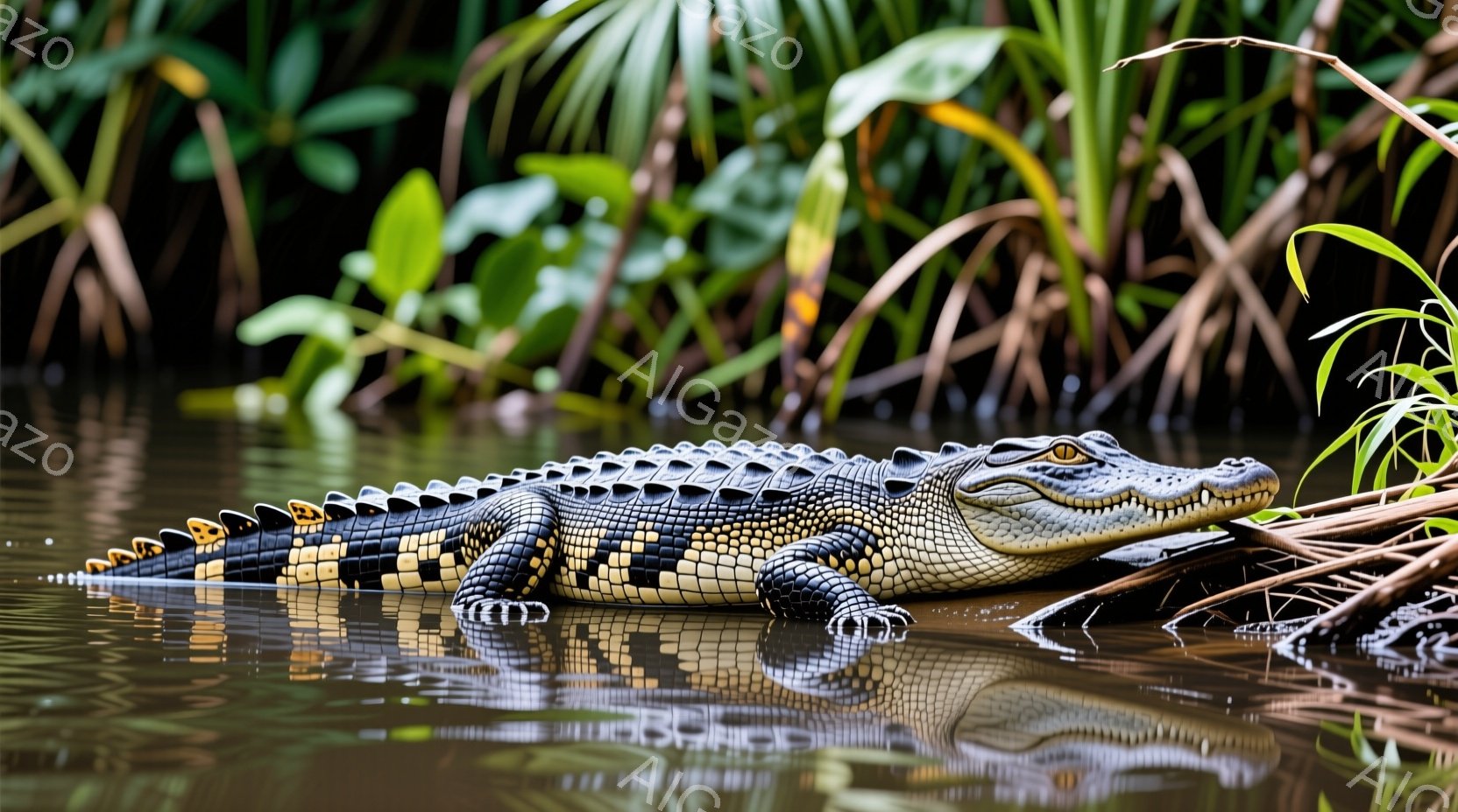 泥水に浸かるワニが写っている。ワニは横向きで、水面を見つめ、静かに漂っている。背景には緑豊かな植物が生い茂り、水面にはワニの鮮明な反射が見られ、湿地帯の静かで自然な雰囲気を醸し出している。
