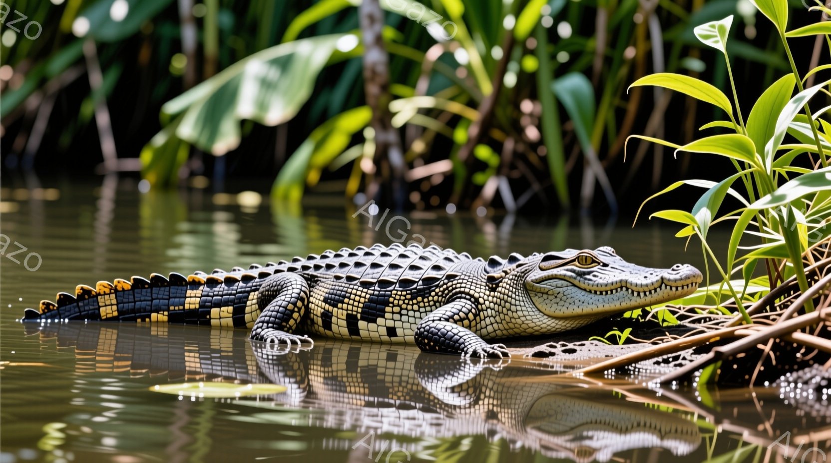 ワニが水中に横たわっており、水面にその姿が映り込んでいます。周囲には緑豊かな植物が生い茂り、水は穏やかで、静かで自然な雰囲気を醸し出しています。ワニの目は鋭く、周囲を警戒している様子がうかがえます。