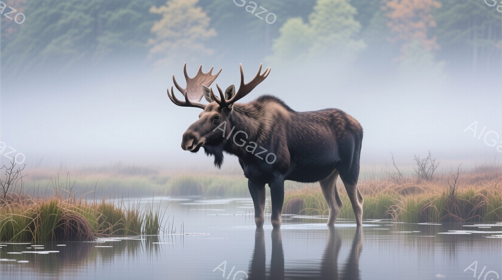 巨大な角を持つ雄のヘラジカが、水の中に立っている姿が描かれている。周囲は薄暗い霧に包まれ、水面にはその姿が鮮明に映り込み、湿地帯の植物が点在している。全体的に静かで神秘的な雰囲気が漂い、自然の力強さと - AI生成フリー素材
