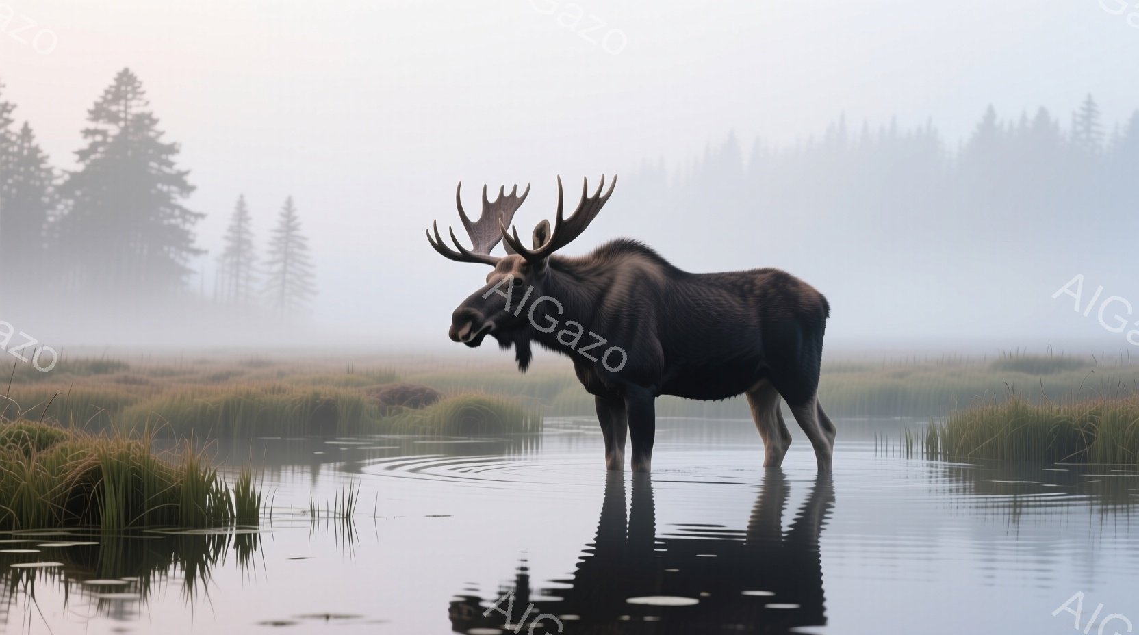 霧に包まれた湿地帯に、大きな角を持つ雄のヘラジカが立っている。水面にその姿が映り込み、周囲には背の高い草が生い茂り、遠くには薄ぼんやりとした木々が見える。 全体的に静寂で神秘的な雰囲気が漂い、自然の力 - AI生成フリー素材