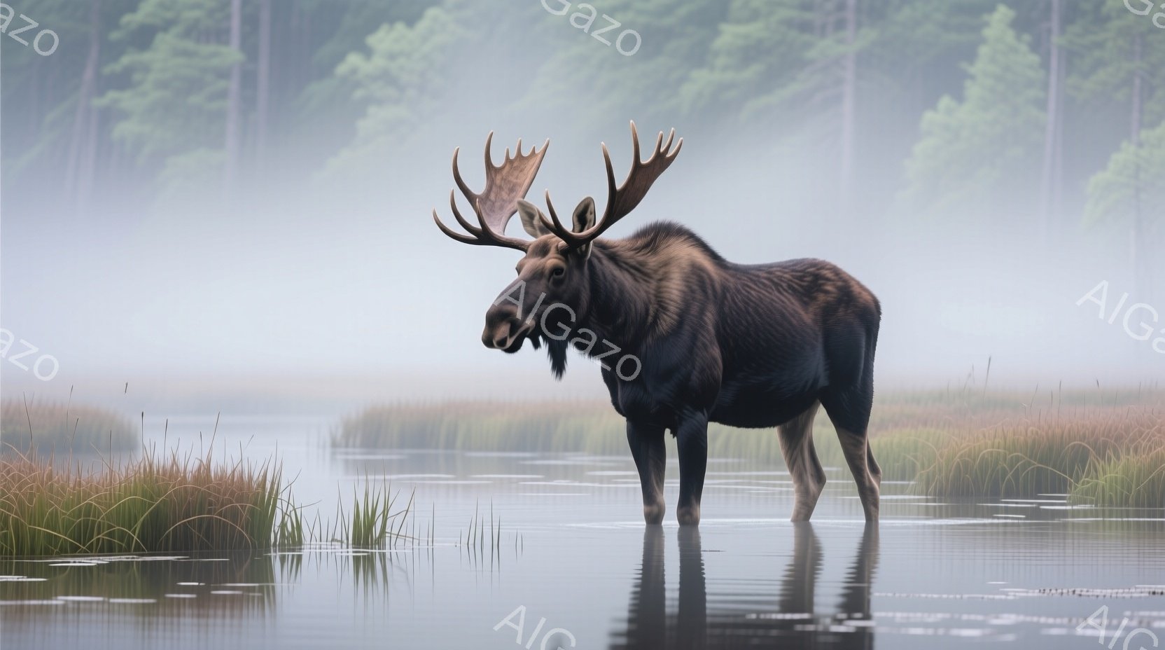 巨大な角を持つ雄のヘラジカが、水辺の浅い水の中に立っている。周囲は薄霧に包まれ、背景には緑豊かな植物が見え、静かで神秘的な雰囲気が漂っている。ヘラジカは正面を向き、落ち着いた表情で、水面に自身の姿を映し出している。