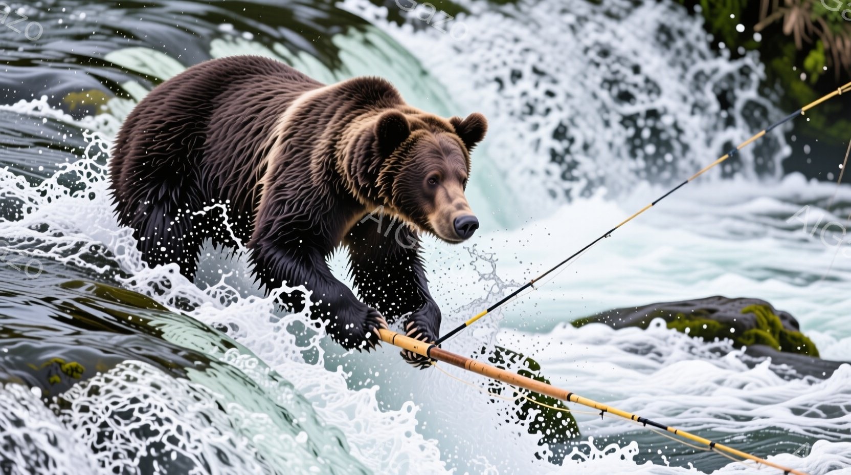 熊が激しい流れの川を渡っている様子が写っている。水しぶきが飛び散り、熊の毛並みが濡れて光っている。背景には岩場と緑豊かな植生が見られ、自然の力強さと野生の雰囲気を醸し出している。