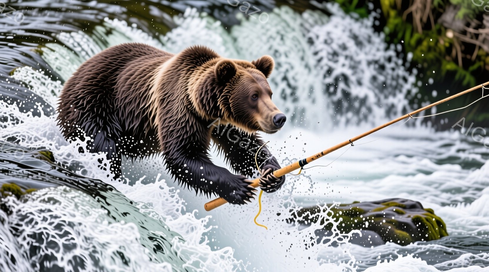 巨大な茶色の熊が岩の上で釣り竿を握り、力強く前かがみになっている。周囲は激しい流れの川で、水しぶきが飛び散り、岩肌は緑の苔で覆われている。活気と躍動感に満ちた、自然の力強さを感じさせる光景だ。 - AI生成フリー素材