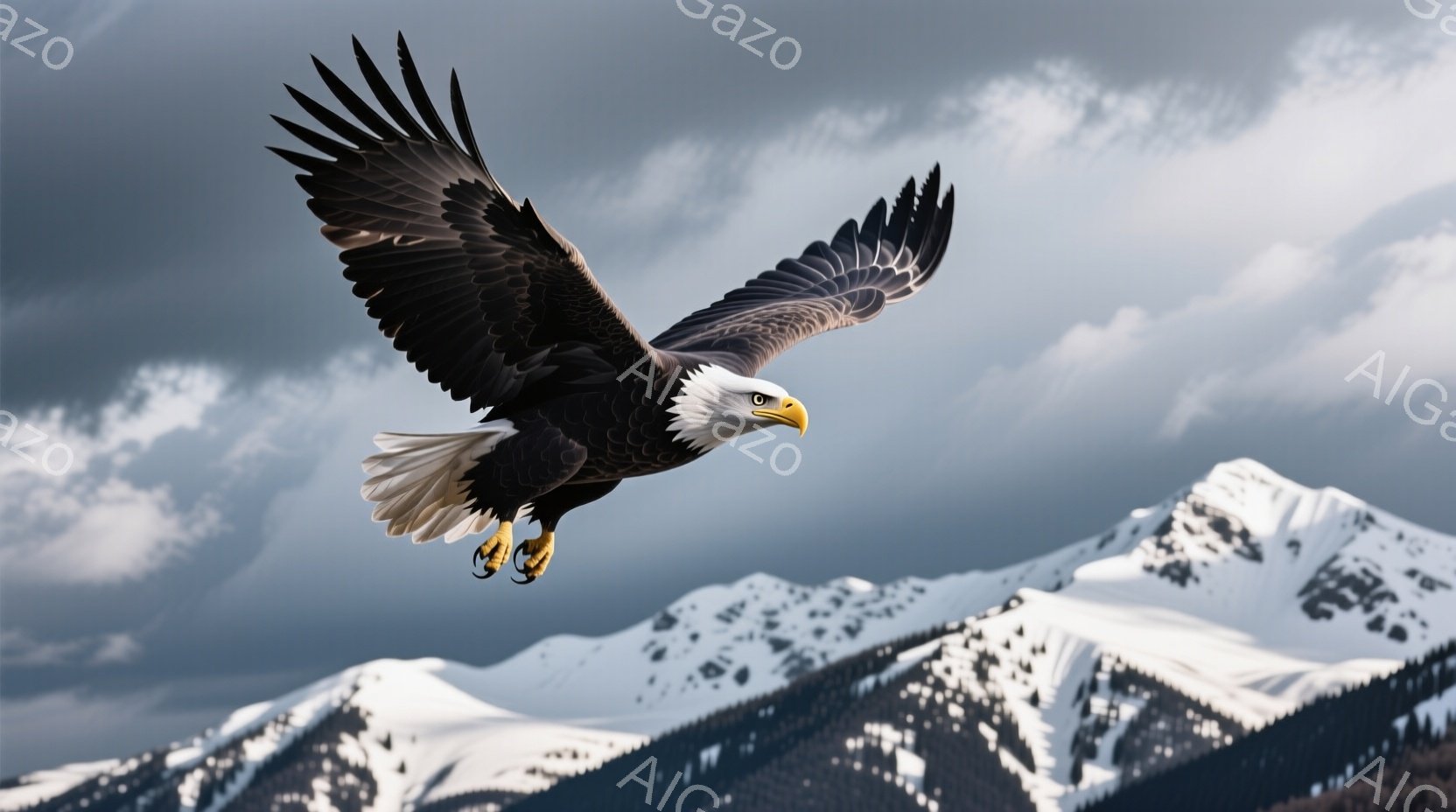 白い頭と胸、そして暗い茶色の翼を持つハゲワシが、雪をかぶった山々の前で翼を広げて飛んでいる。空は曇っていて、重厚な雲が山々を背景に、力強く、荘厳な雰囲気を醸し出している。雪山は険しく、自然の雄大さを強調している。