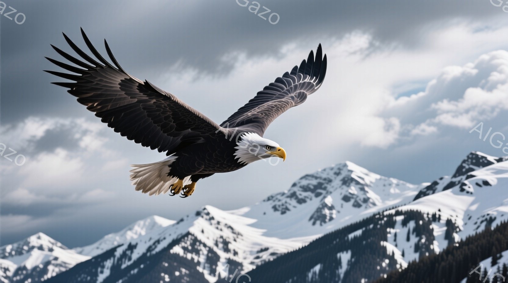 広大な雪山を背景に、翼を広げた白頭鷲が力強く飛んでいる姿が捉えられている。鷲の鋭い眼差しと、雪に覆われた山々の雄大な景色が印象的で、力強く自由な雰囲気を醸し出している。空は曇り空で、鷲の白い頭と翼が際立って見える。